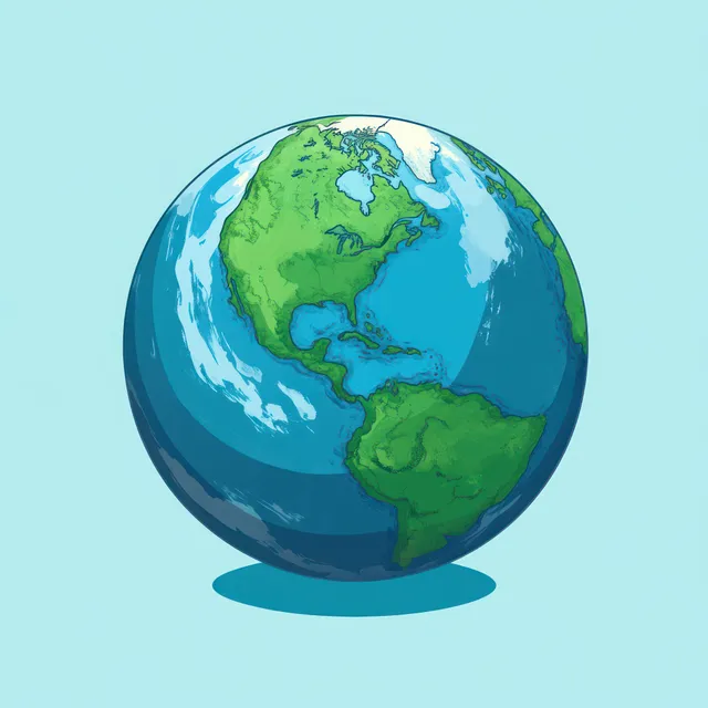 Illustrated Earth globe showing North and South America continents with blue oceans on a light blue background.