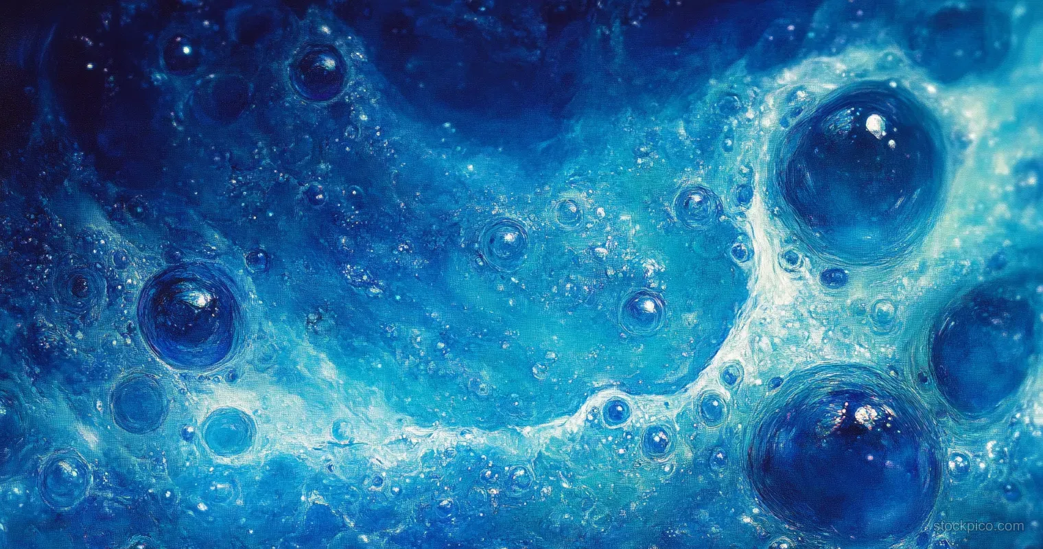 Blue liquid swirls under a macro lens as bubbles of different sizes form a rippling foam texture.