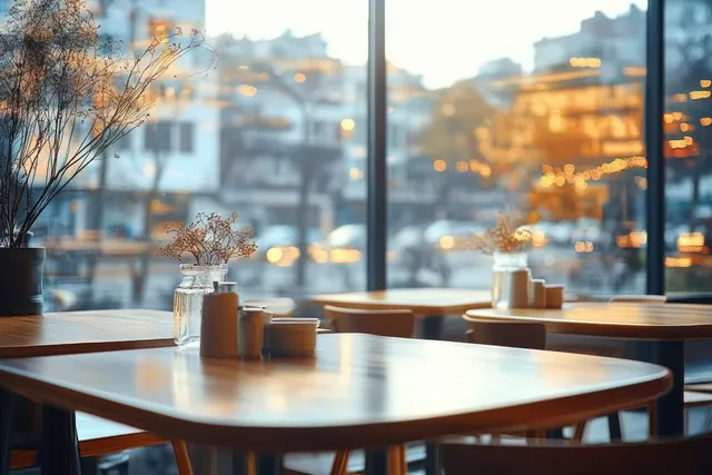 Round conference table near large office windows with warm light and blurred city buildings beyond.