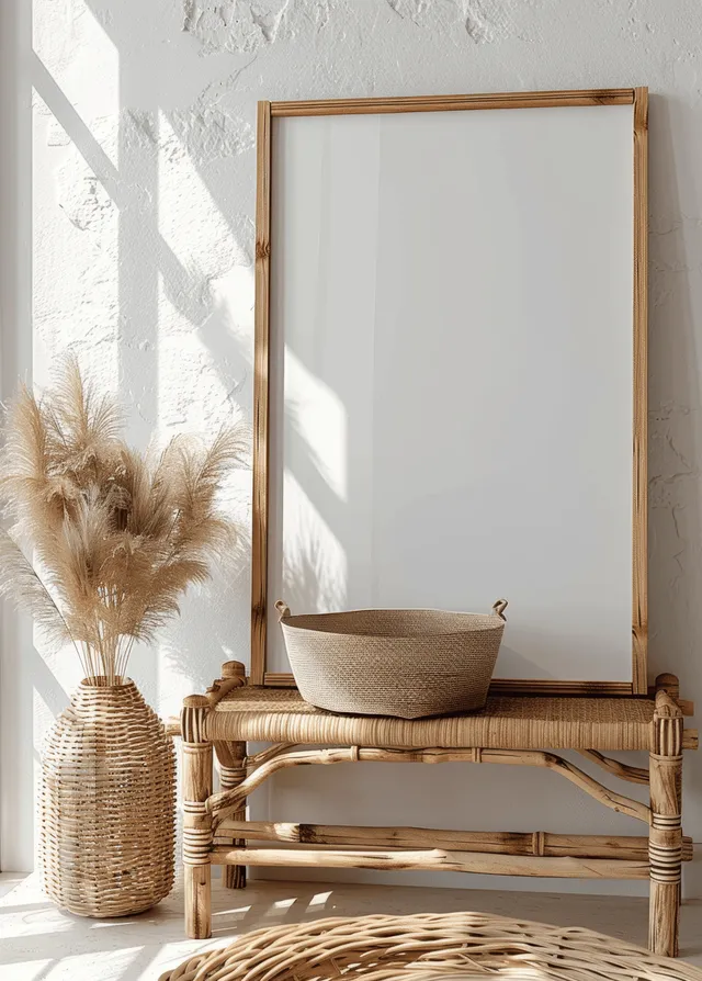 Blank poster mockup resting in wooden frame on rattan side table in bright white room