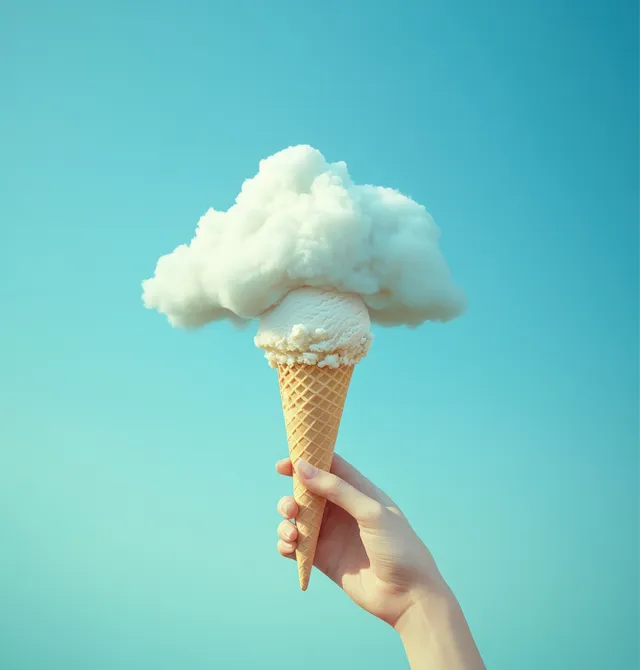A hand holds a single-scoop vanilla ice cream cone beneath a floating fluffy cloud against a clear blue sky.