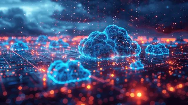Neon blue cloud data symbols float above an illuminated circuit board with glowing network connections.
