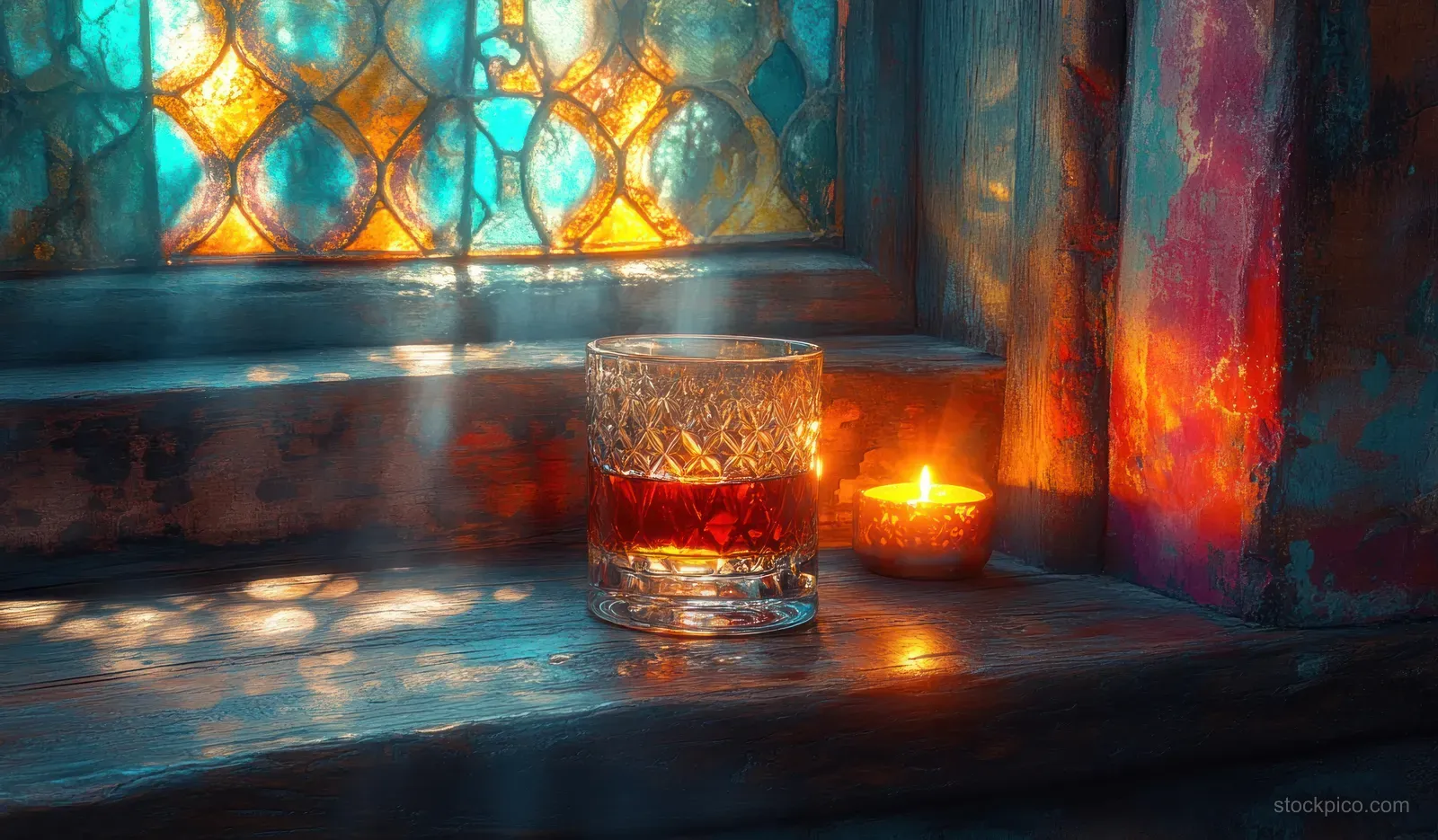 A whiskey glass on rustic wood glows under candlelight beside a vintage barrel with warm amber reflections.