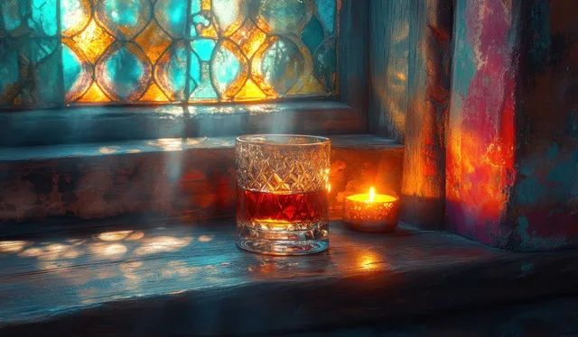 A whiskey glass on rustic wood glows under candlelight beside a vintage barrel with warm amber reflections.