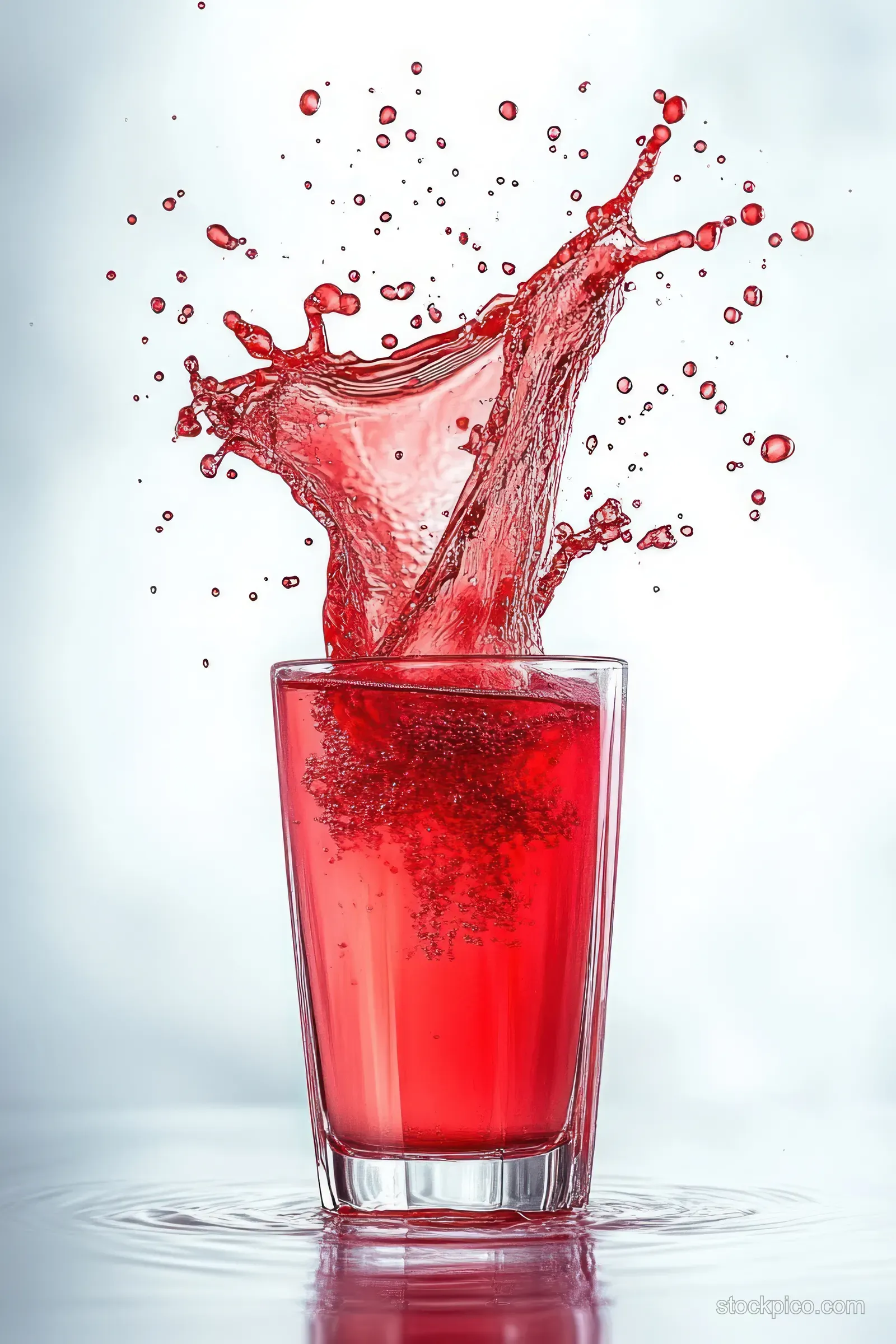 Red cherry juice splashes up from a glass with droplets swirling on a white background.
