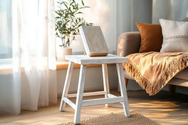 Artist paints a wooden stool near window light with a small easel and brush