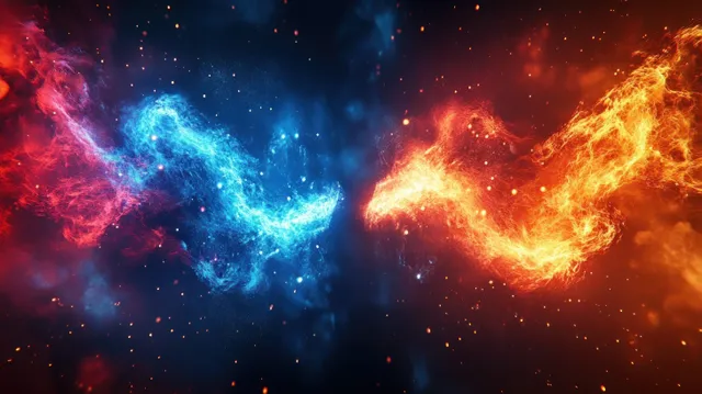 Electric blue and fiery orange lightning clash across a holographic sports match background