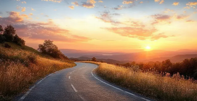 Winding country road at sunset through grassy fields with glowing horizon and distant hills