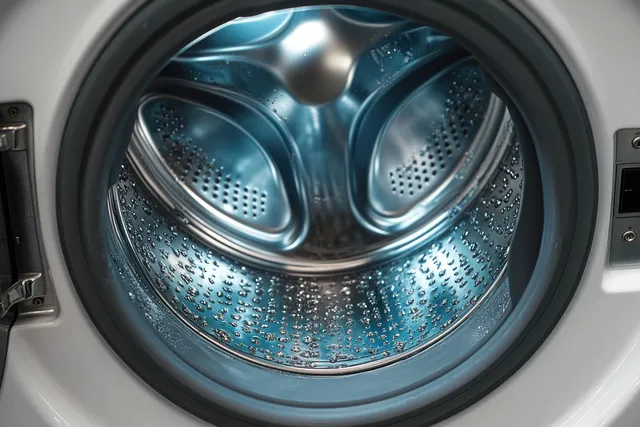 Water droplets cling to the perforated metal drum inside a front-loading washing machine.