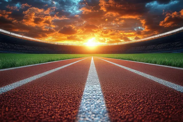 A runner sprints on a stadium track at sunset, surrounded by dramatic skies and lane markings in a competitive atmosphere.
