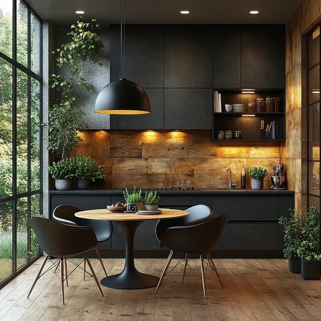 Minimalist kitchen interior with wooden cabinetry, stone backsplash, and a round dining table beneath a pendant light.