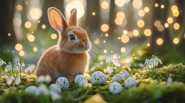 A brown rabbit sits on green moss next to speckled white eggs and small white flowers with glowing orbs behind.