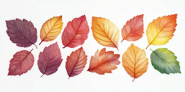 Colorful autumn leaves in purple, orange, red, yellow, and green arranged on a white background with visible vein texture.