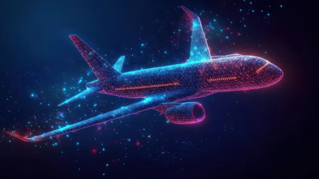 A neon wireframe futuristic airplane flies through a dark starry sky with blue and pink glowing lines.