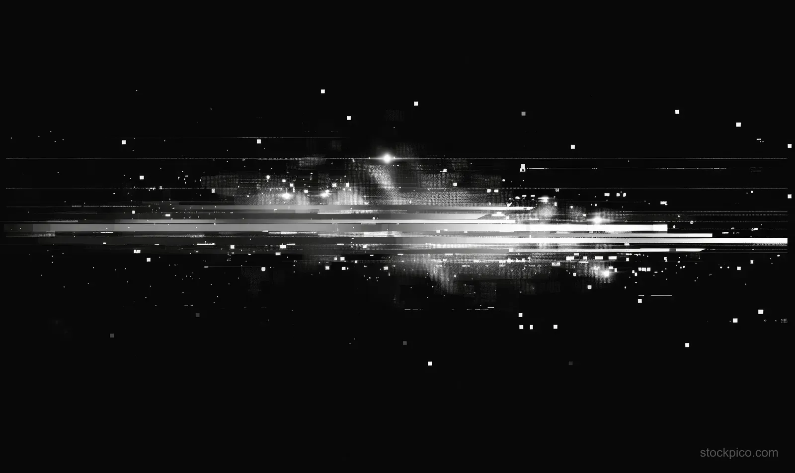 White horizontal glitch scanlines and trails cut across a solid black background with scattered pixel sparks.