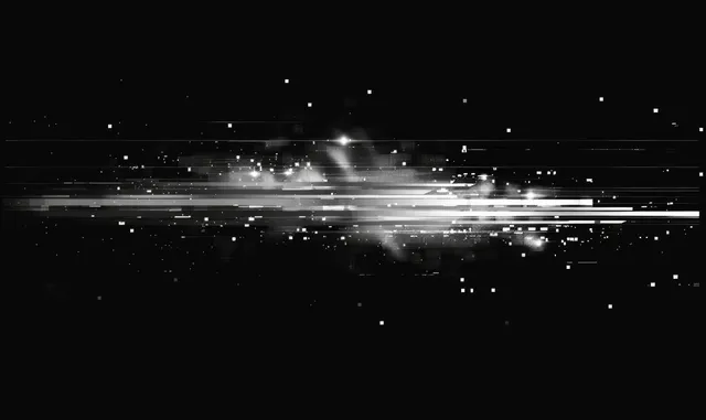 White horizontal glitch scanlines and trails cut across a solid black background with scattered pixel sparks.