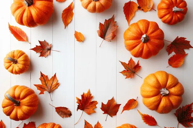 Small pumpkins and red-orange leaves are scattered in a flat lay on a white background.