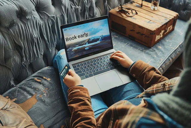 Traveler booking flight tickets online on a laptop, paying with a credit card at home