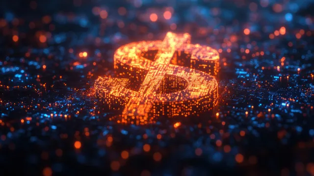 A glowing neon blue dollar sign surrounded by geometric circuitry patterns in a cyberpunk style.