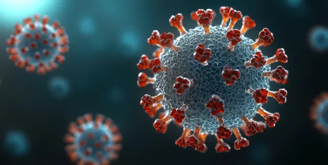 3D coronavirus particles with red spike proteins float against a dark bluish microscopic background.