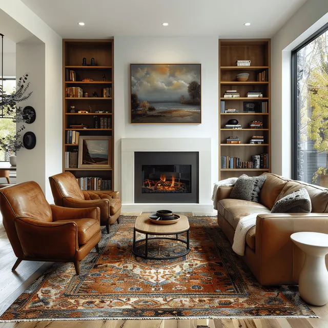 Scandinavian living room with leather armchairs facing a lit fireplace, patterned rug, and sunlit built-in shelves.