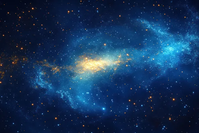 Golden galactic core radiates light amid swirling blue nebula clouds and scattered glowing stars.