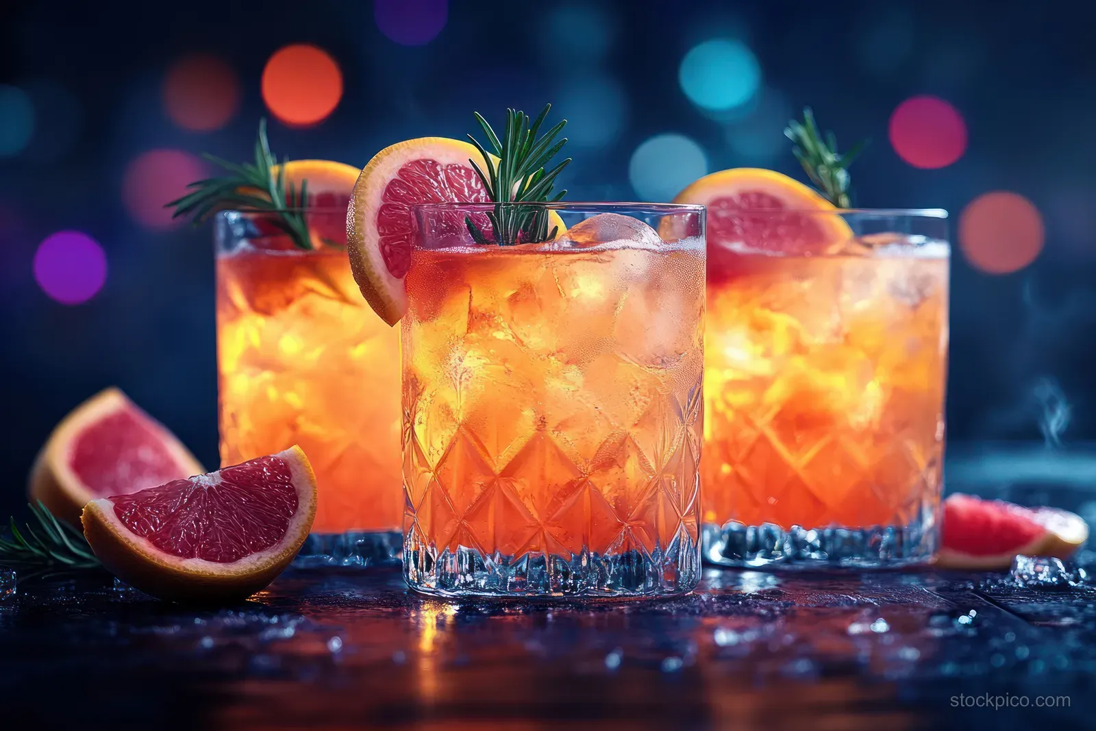 A Paloma cocktail in a crystal tumbler on a dark bar counter with grapefruit slices, rosemary sprigs, and ice.