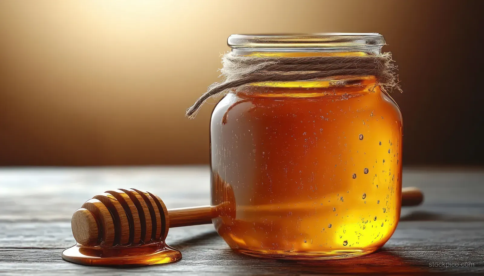Golden honey in a glass jar with a wooden honey dipper resting on rustic wood under warm backlighting.