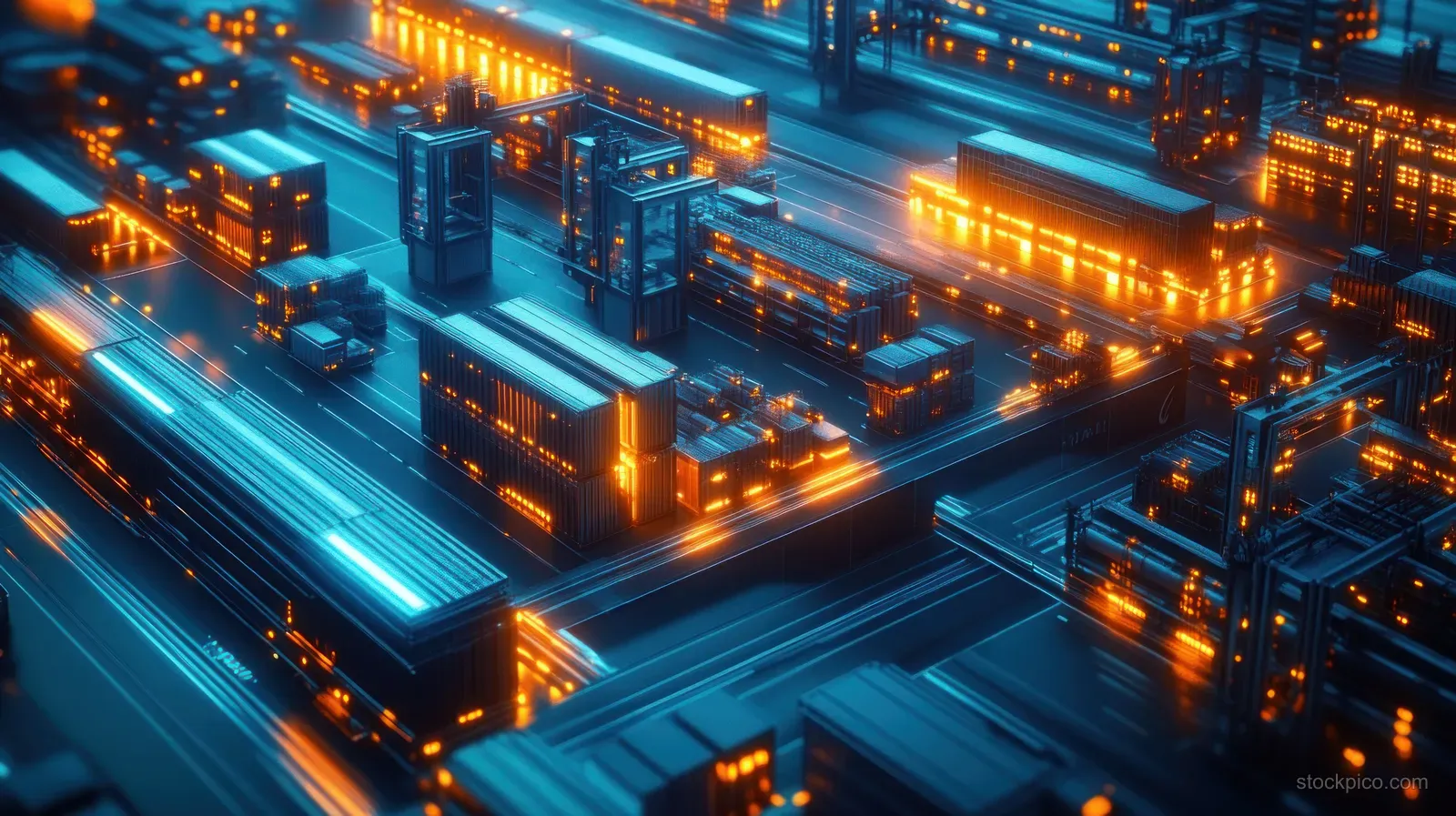 Nighttime aerial view of a futuristic shipping yard with glowing orange container rows and crane structures.