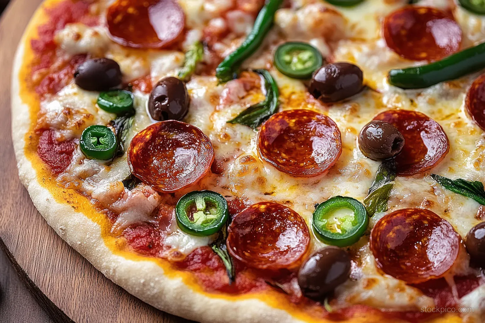 Close-up of pepperoni pizza with jalapeño slices and black olives on a wooden board.