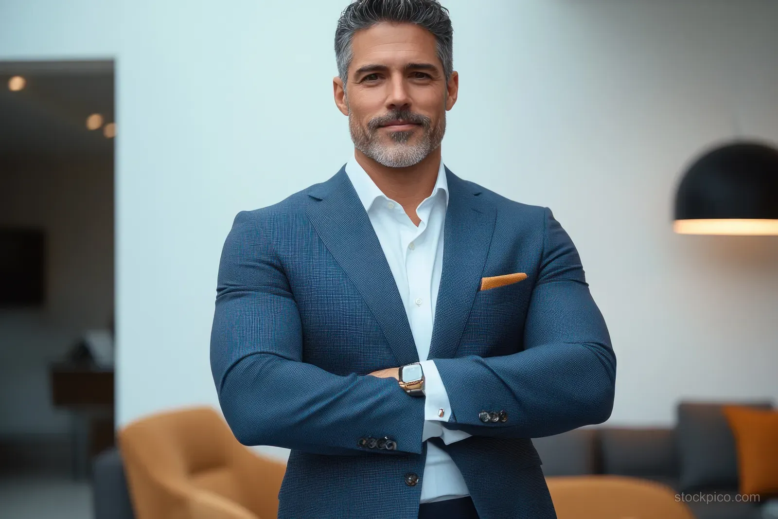 A Hispanic businessman in a blue suit smiles with arms crossed in a modern office with blurred background.