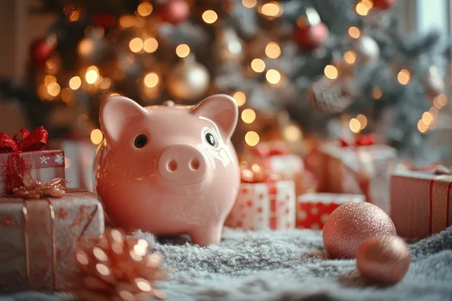 A red piggy bank sits on snow near wrapped Christmas gifts under warm glowing bokeh lights.
