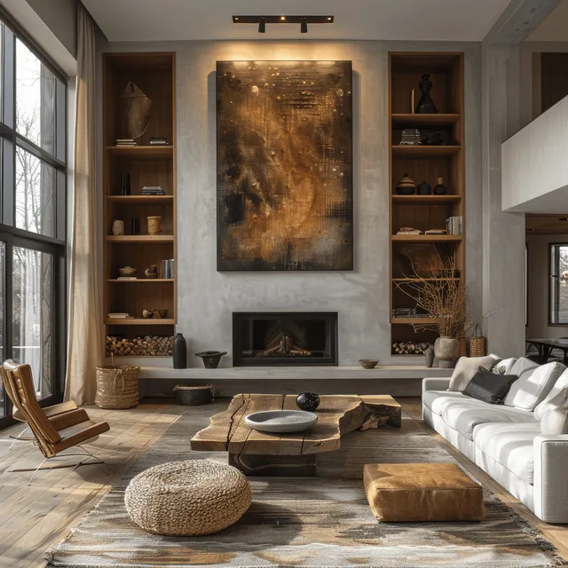 Neutral living room with a fireplace, built-in shelves, leather seating, and daylight from large windows.