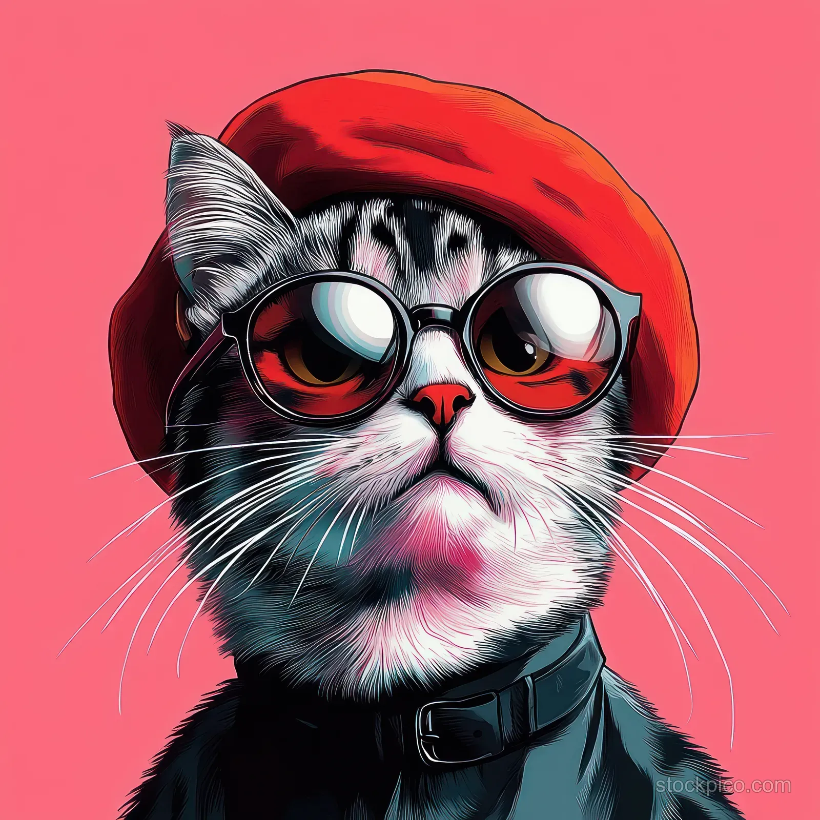Grey cat portrait wearing a red beret and round glasses on a pale pink background.