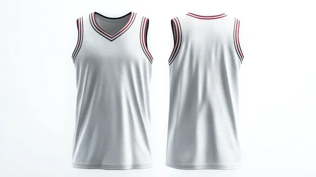 Front and back views of a white sleeveless sports jersey with black and red striped collar and armhole trim.
