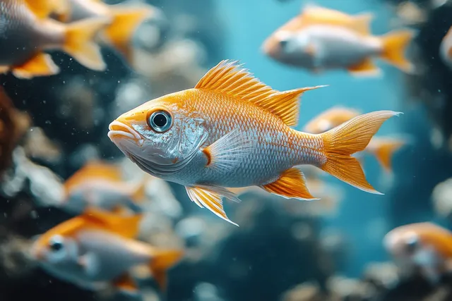 Barramundi fish schooling underwater in Andaman Sea with soft blue reef light