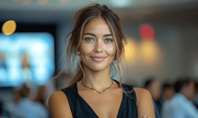 Young woman with green eyes smiling confidently in an indoor café with soft bokeh