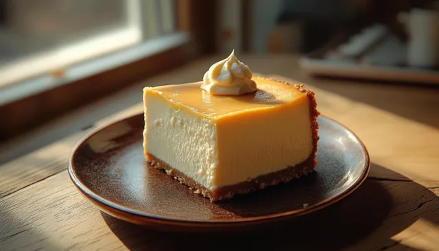 A creamy cheesecake slice with a whipped cream dollop on a rustic brown plate under warm sunlight.