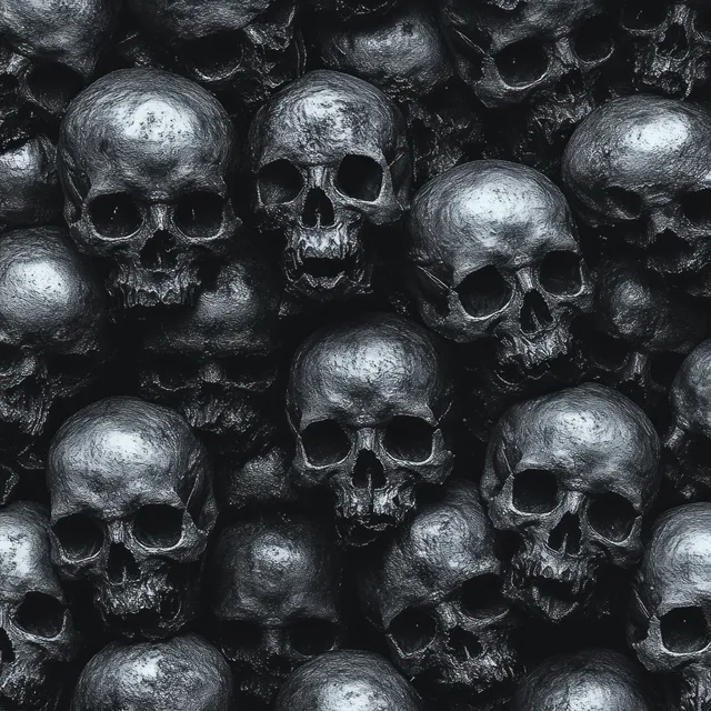 Dense pile of metallic skulls with reflective silver surfaces and hollow eye sockets in a dark setting.