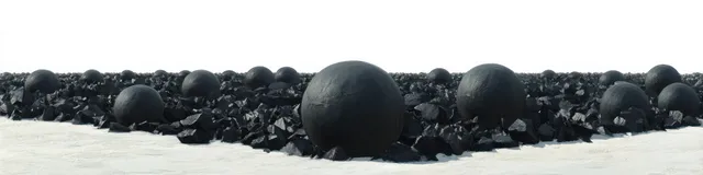 Panoramic row of ice hockey pucks on snow with stark white desert horizon