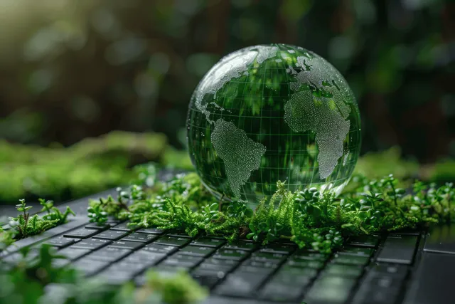 Glass globe on a laptop keyboard with moss and surrounding green plants.