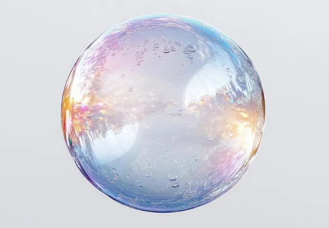 A transparent iridescent soap bubble with pastel rainbow reflections and tiny air bubbles floating on a light background.