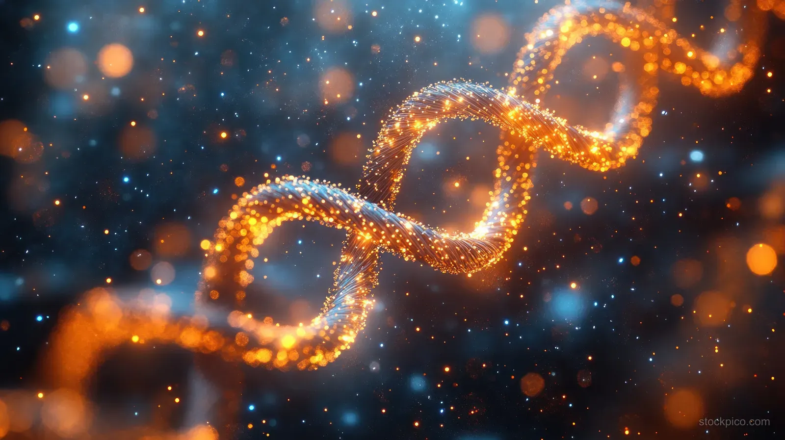 Glowing hair-fiber molecular strands twist in the dark, surrounded by soft sparkling bokeh particles.