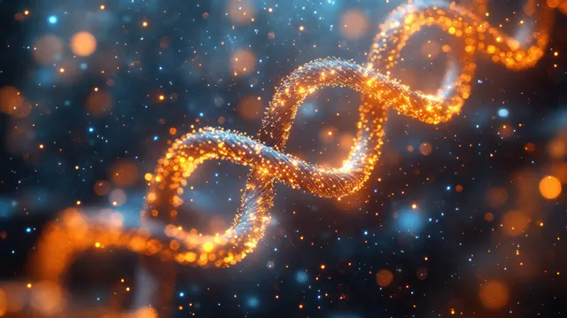 Glowing hair-fiber molecular strands twist in the dark, surrounded by soft sparkling bokeh particles.
