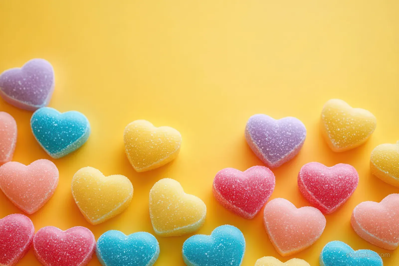 Heart-shaped sugar candies with sparkling granules scattered on a bright yellow background.