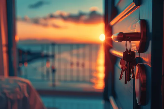 Locked hotel room door with keys and sunset sea view beyond the window