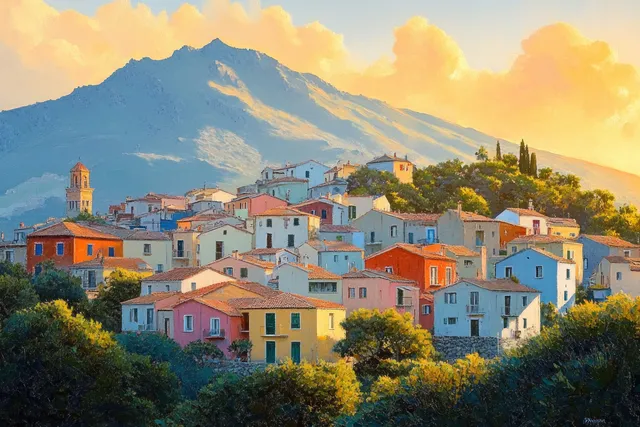 Sunrise view of colorful Sicilian houses on a hillside with Mt. Etna rising in the background.