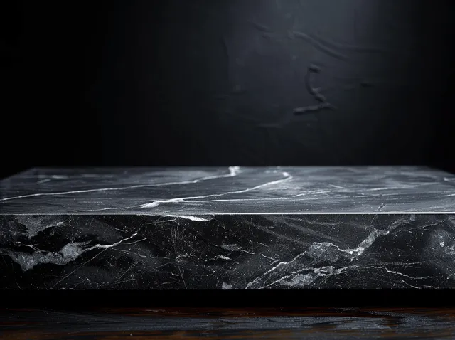 Black marble tabletop on a wooden surface against a dark, textured background, ideal for premium product displays.