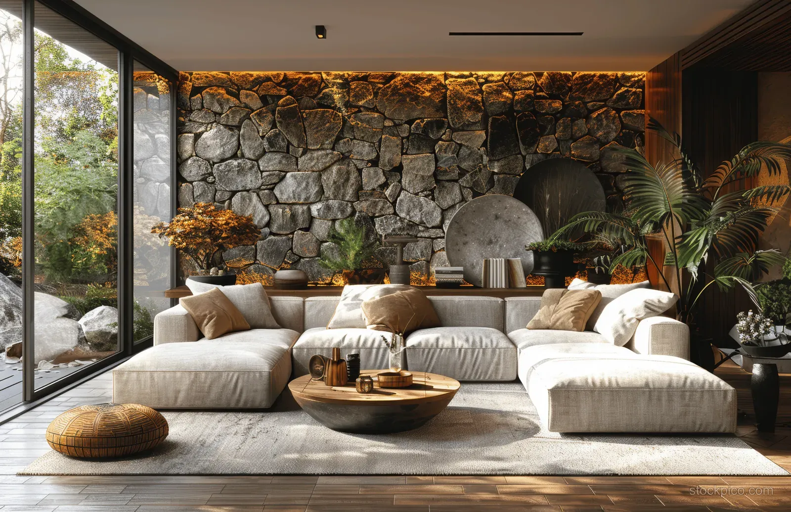 White sectional sofa and round coffee table sit in a minimalist living room beside a textured stone wall.