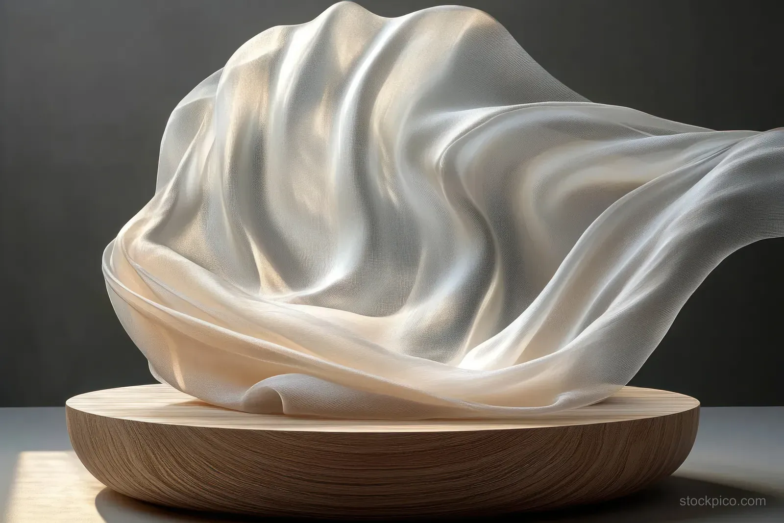 Round wooden pedestal supporting flowing transparent silk fabric with soft highlights against a dark background.